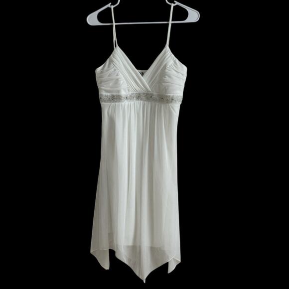 Vtg Y2k Babydoll Top Dress Sz L Deb White Handkerchief Hem Beaded Fairy Bridal - Picture 1 of 15